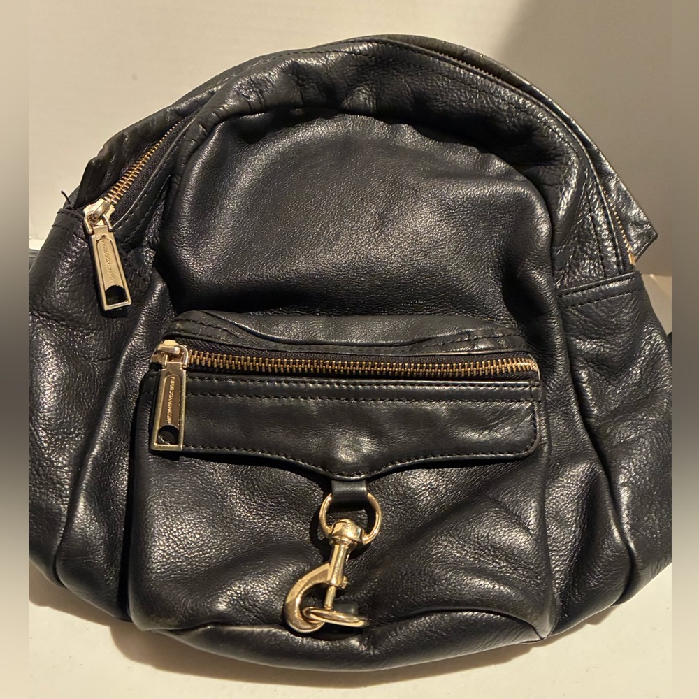 Rebecca Minkoff Black Leather Backpack with Brass Accents Adjustable Straps Med.